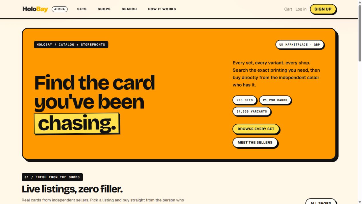 HoloBay's orange marketplace homepage