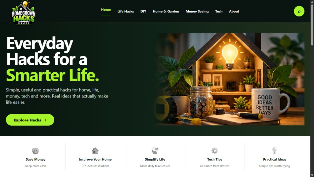 Homegrown Hacks green homepage for practical everyday ideas