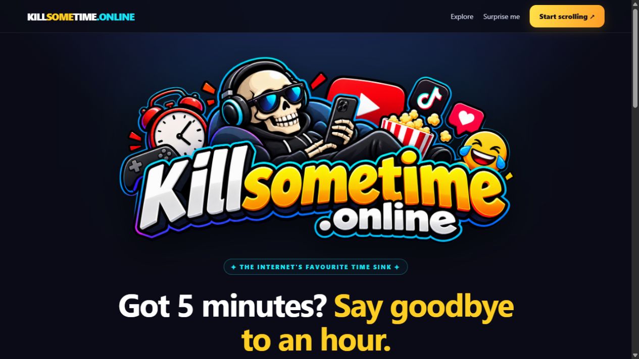 KillSomeTime entertainment homepage with a colourful skeleton logo