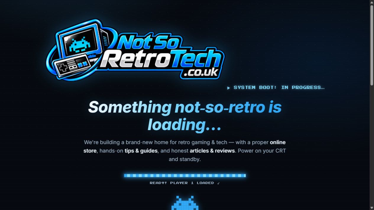 Not So Retro Tech's blue neon coming-soon homepage