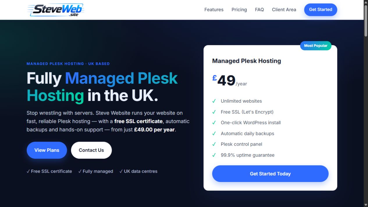 SteveWeb managed Plesk hosting homepage and hosting plan